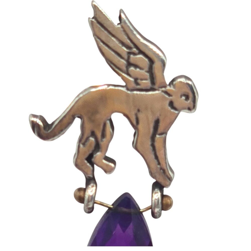 Earrings Art Deco Amethyst Monkey Cat ? Wings Sterling Small Vintage Studs S3156 - Picture 2 of 9